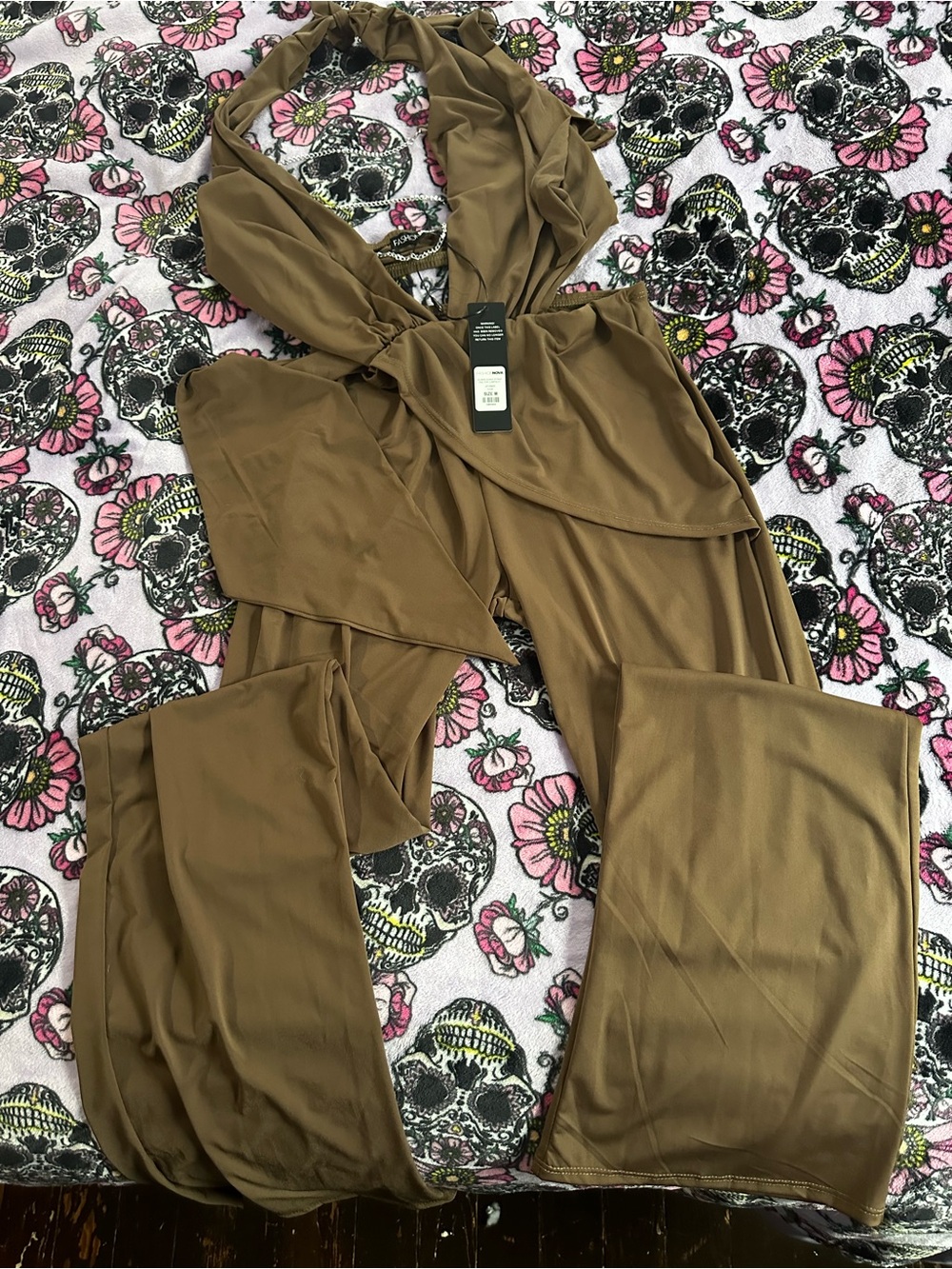 Fashion Nova Olive Brown Halter Wide-Leg Jumpsuit